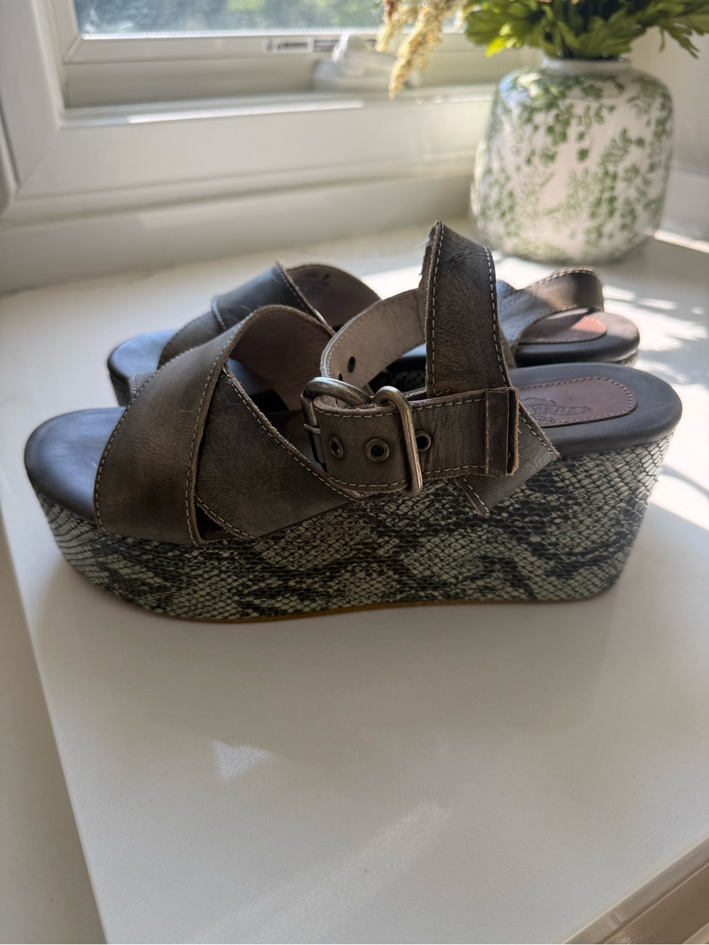 Freebird by Steven Olive Snake-Print Platform Sandals (Never Worn)